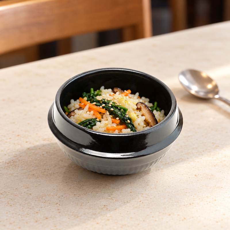 DRC-140 black ceramic bowl with rice and vegetables