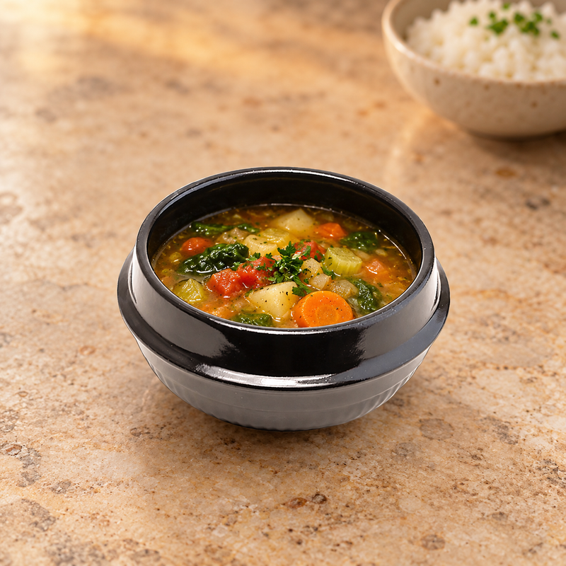 DRC-160 black ceramic bowl with vegetable soup