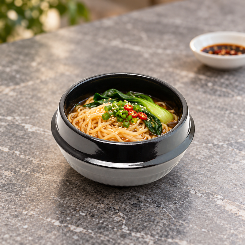 DRC-175 black ceramic serving bowl with noodles