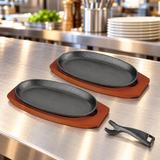 HB-3026 two oval iron steak plates with two wooden bases and separate holder — service counter
