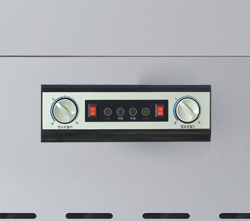 Paired analog rotary controls on broth refrigerator front panel