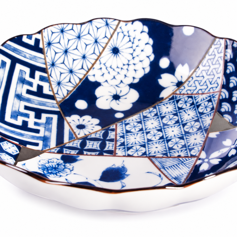 8¼ in Aoi Yuzen Blue & White Ceramic Shallow Bowl — KF28-AY