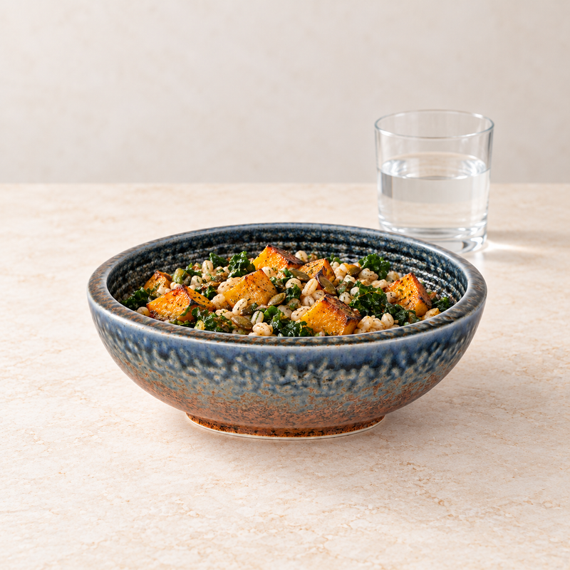 Blue-gray and rust-brown bowl with pale grains, orange squash, leafy greens and seeds, with a water glass behind it.