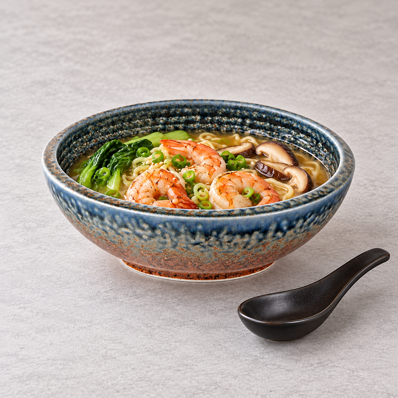 Mottled ceramic bowl with shrimp noodles, mushrooms, leafy greens and scallions in broth, with a black spoon beside it.