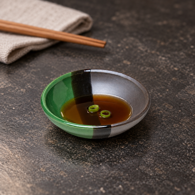 KP21-G green, black and gray porcelain dish serving a small sauce portion
