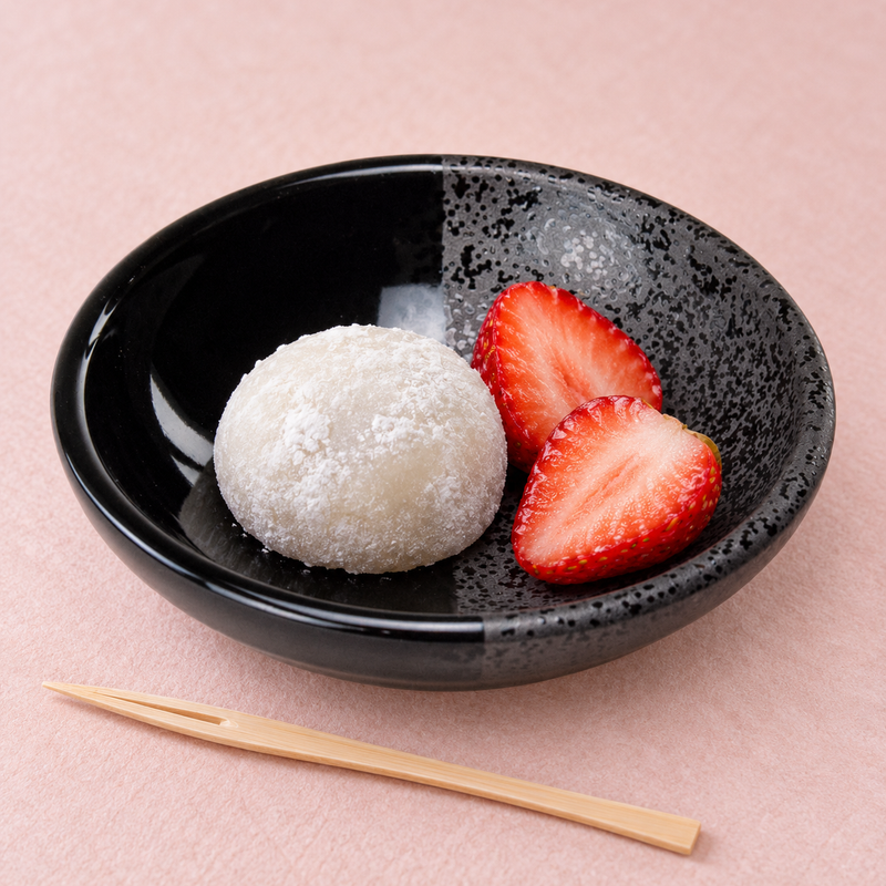 KP21-K dish serving a small mochi and strawberry pieces