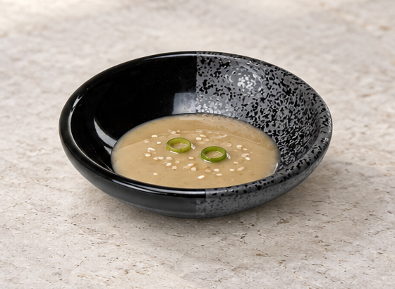 KP21-K black and speckled-gray sauce dish holding a small sauce portion