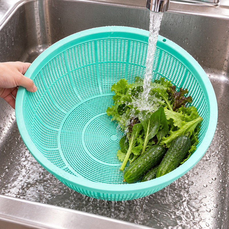 Green L1 colander rinsing greens and cucumbers under cool water