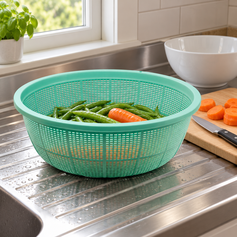 Green L2 colander draining green beans and carrots beside separate cutting tools