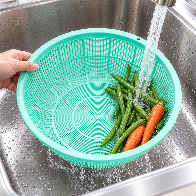 Green L2 colander rinsing green beans and carrots under cool water