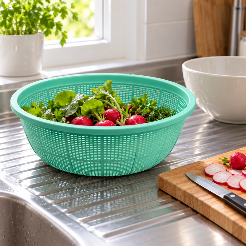 Green L-3 mesh bowl draining radishes and herbs