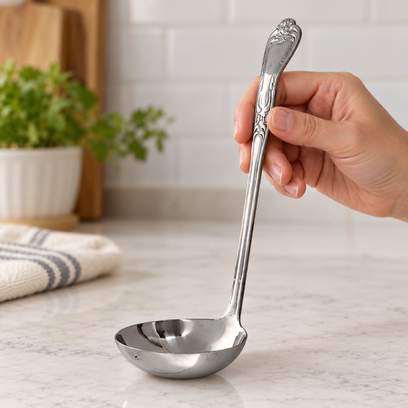 Empty sunflower-pattern ladle held by its decorated handle