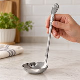 Empty sunflower-pattern ladle held by its decorated handle