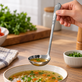 Sunflower-pattern stainless steel ladle carrying broth above a bowl