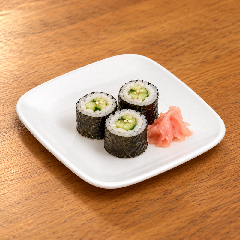 M001-38-02 white square plate with three cucumber maki and pickled ginger