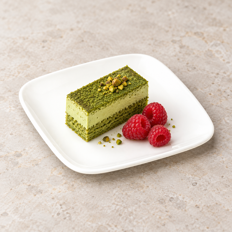 M001-38-03 white square plate with a small green cake slice and raspberries