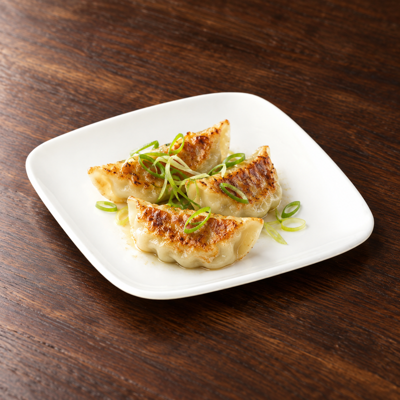 M001-38-03 white square plate with three gyoza