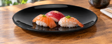 M0016-BK glossy black round melamine plate serving three nigiri
