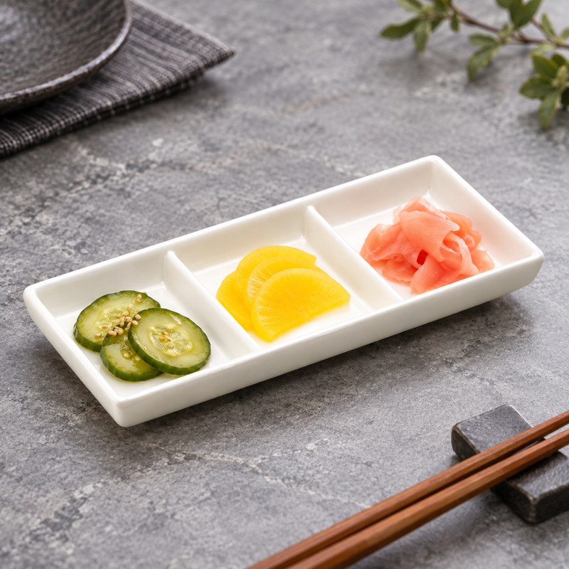 White three-compartment plate with cucumber, radish and ginger
