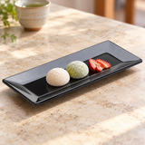 M0399-BK black rectangular melamine plate with petite mochi and strawberries