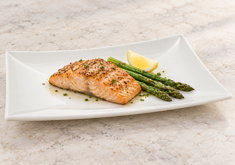 M0879 white rectangular plate serving salmon and asparagus