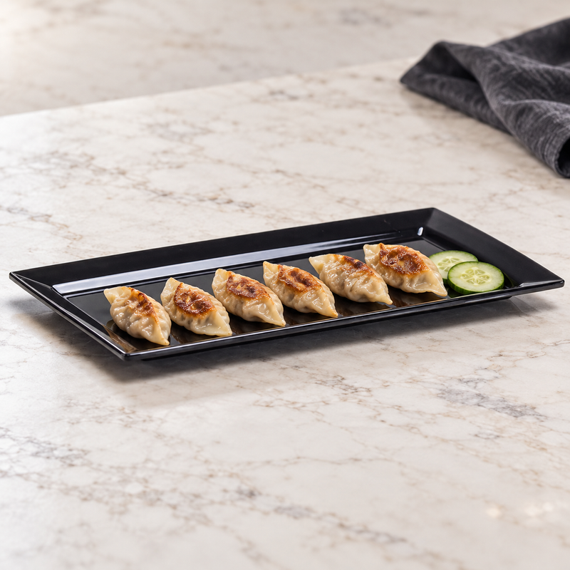 M1545-BK black melamine platter with dumplings and cucumber