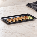 M1545-BK black rectangular melamine platter with dumplings and cucumber