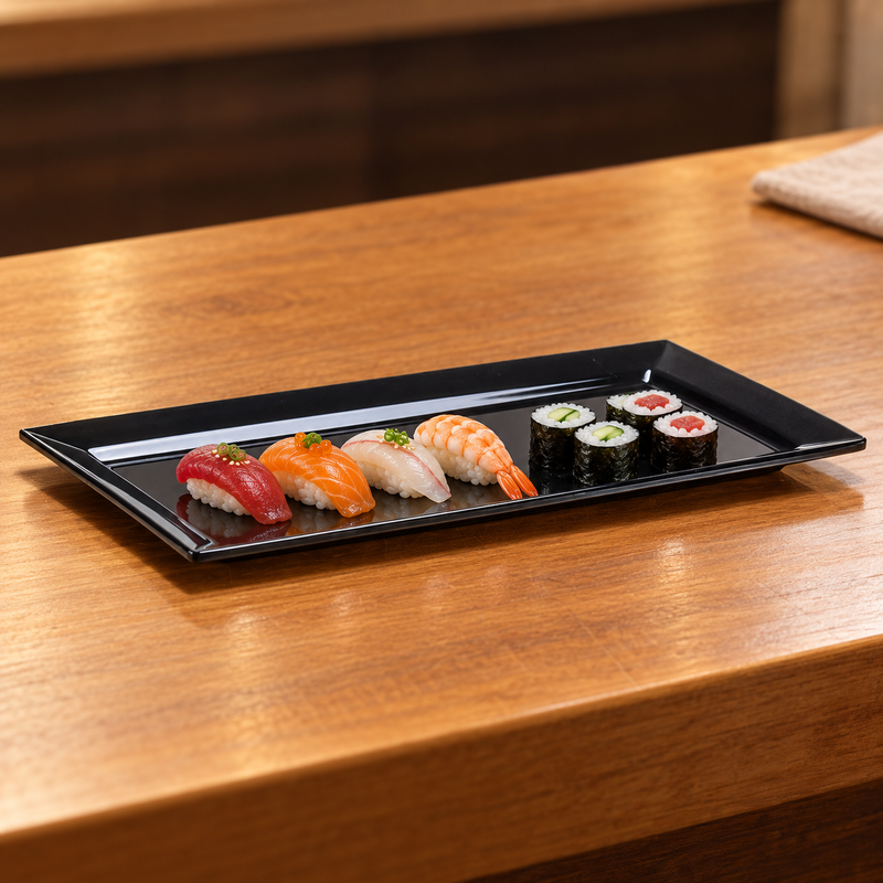 M1545-BK black melamine platter with a modest sushi arrangement