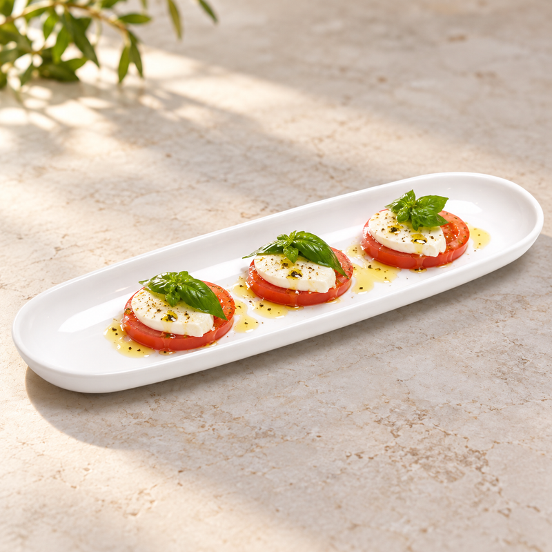M2026 white oval plate with tomato mozzarella and basil