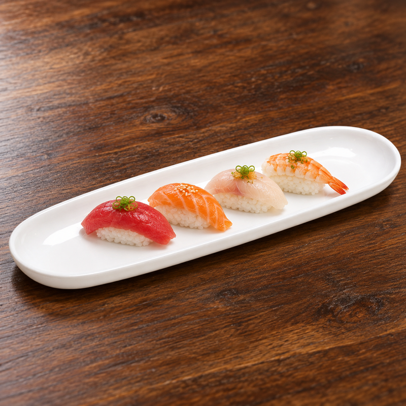 M2026 white oval plate serving four nigiri