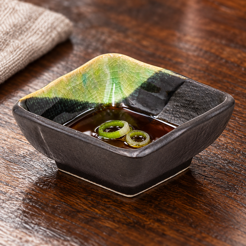 3″ Dark Brown & Green Ceramic Square Sauce Dish with dipping sauce