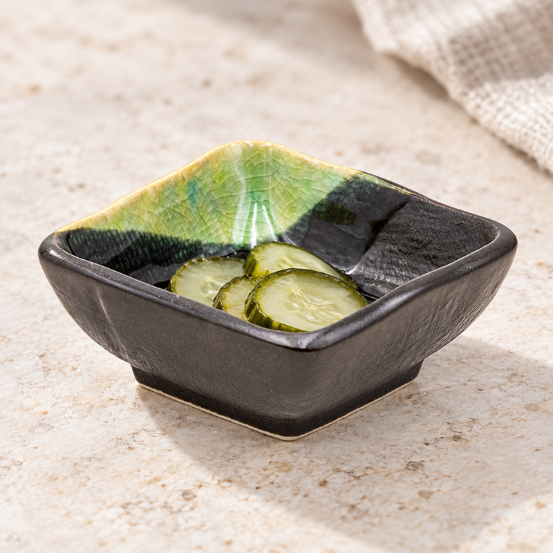 3″ Dark Brown & Green Ceramic Square Sauce Dish with cucumber pickles