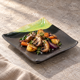 7″ Dark Brown & Green Ceramic Square Plate with vegetables and mushrooms