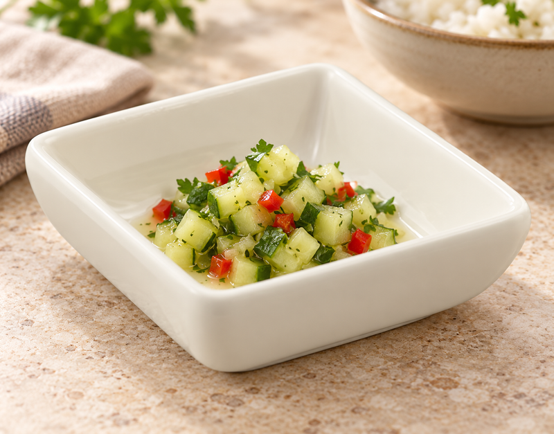 M334 ivory square melamine sauce dish with diced cucumber relish.