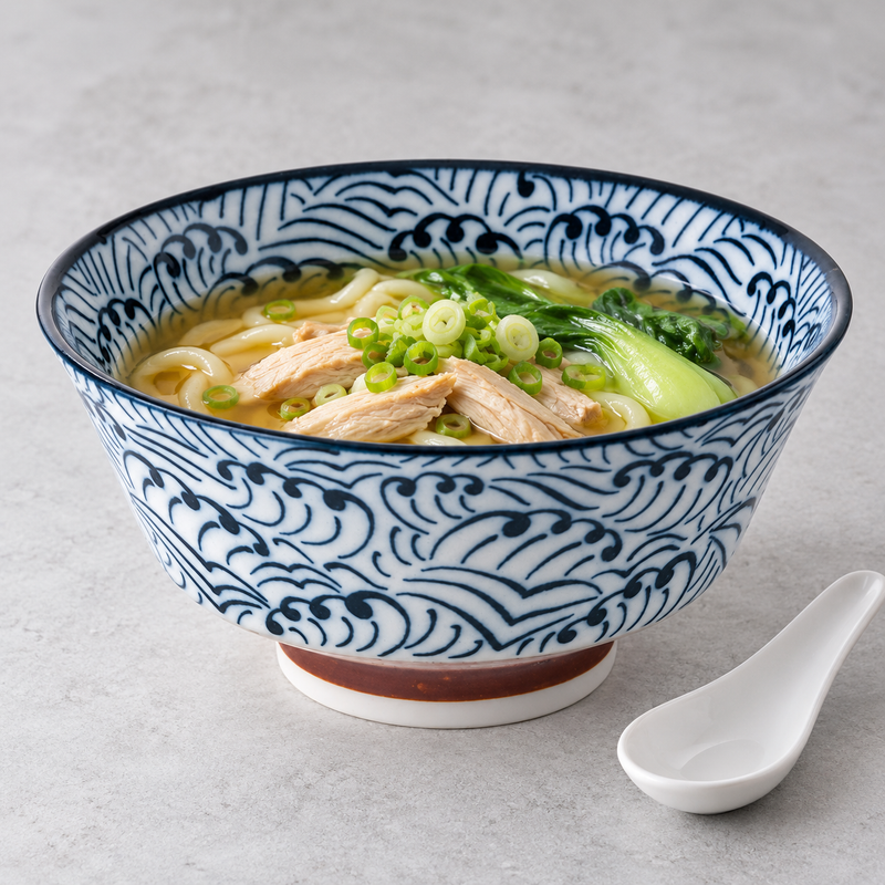 Blue wave ceramic ramen bowl filled with noodles, sliced meat, green vegetables and scallions, with a white soup spoon alongside.