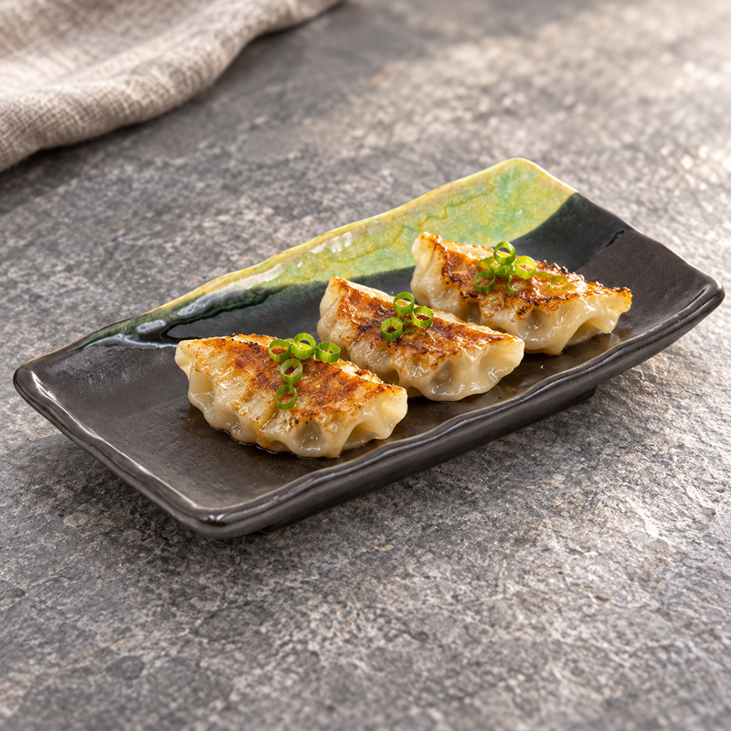 7¾″ × 3¾″ Dark Brown & Green Ceramic Rectangular Plate with gyoza