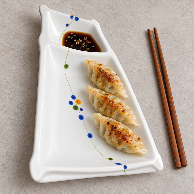 Rain Flower two-compartment plate serving dumplings and dipping sauce