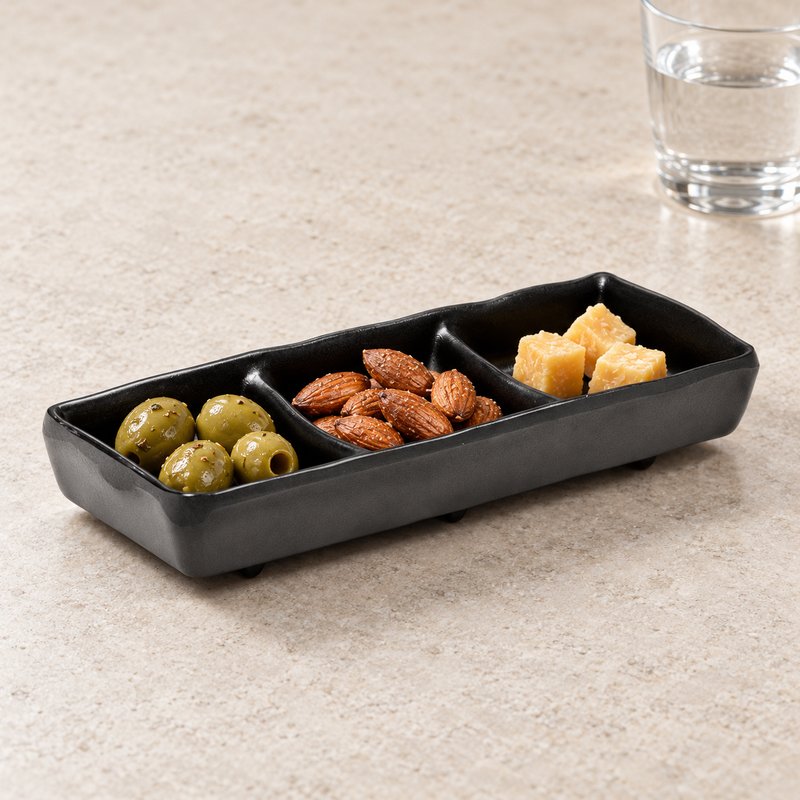 YG-337MB three-compartment sauce plate with olives, almonds and cheese.
