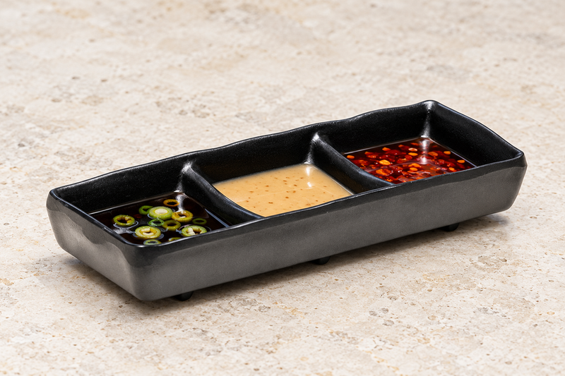 YG-337MB three-compartment matte black plate with three dipping sauces.