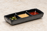 Melamine 3 Compartment Sauce Plate 7-1/4”, Matte Black. Serving suggestion.