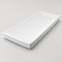 Melamine Rectangular Plate 13-3/8", White. Angled product view.