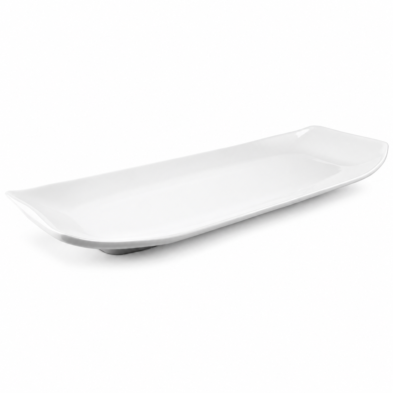 Melamine Rectangular Plate 13 x 5"H, White. Angled product view.