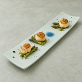 YG-5014ST: Melamine Rectangular Plate 14-1/2"x 4-3/8"x 1"H, White Star River. food-service context