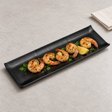 Melamine Rectangular Platter 13”, Matte Black. Serving suggestion.