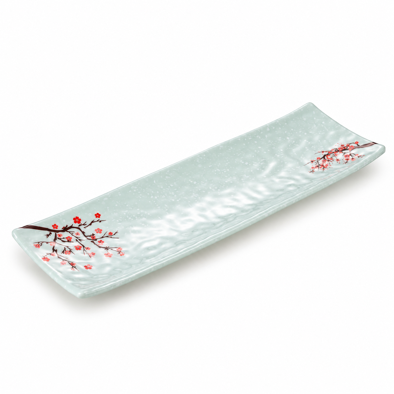 Melamine Rectangular Platter 13", Plum Blossom. Angled product view.