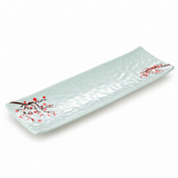 Melamine Rectangular Platter 13", Plum Blossom. Angled product view.