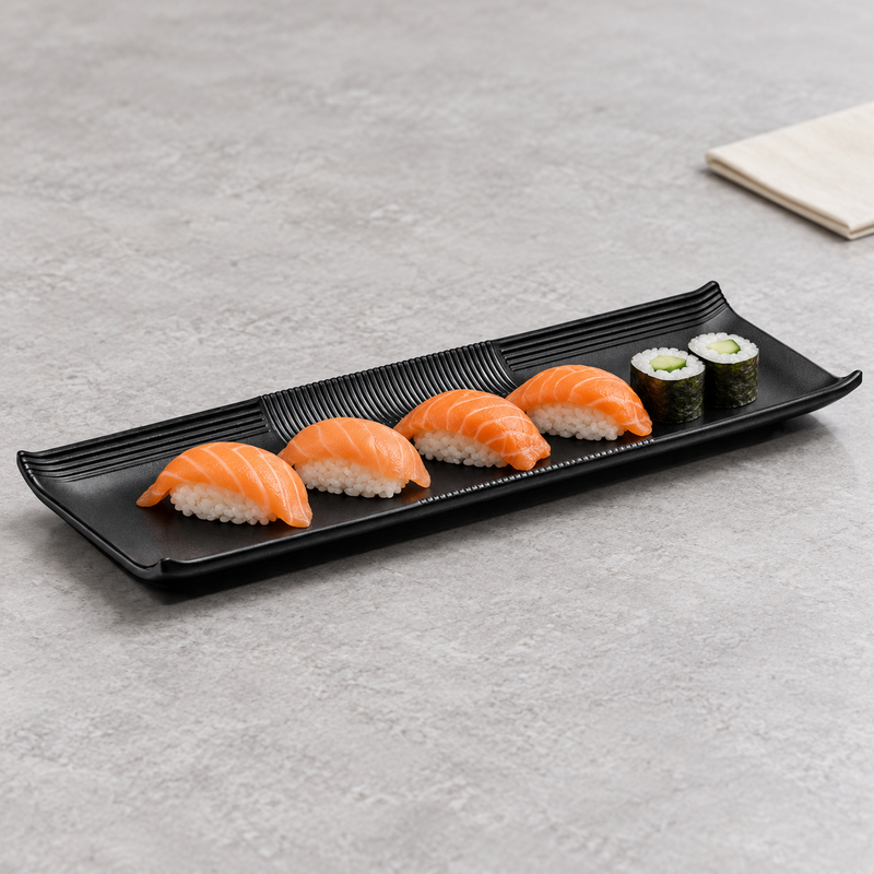 Sushi arranged along the YG-515MB black melamine platter