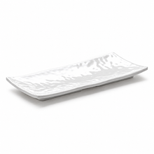 Melamine Rectangular Ripple Plate 10-1/2", Shiny White. Angled product view.