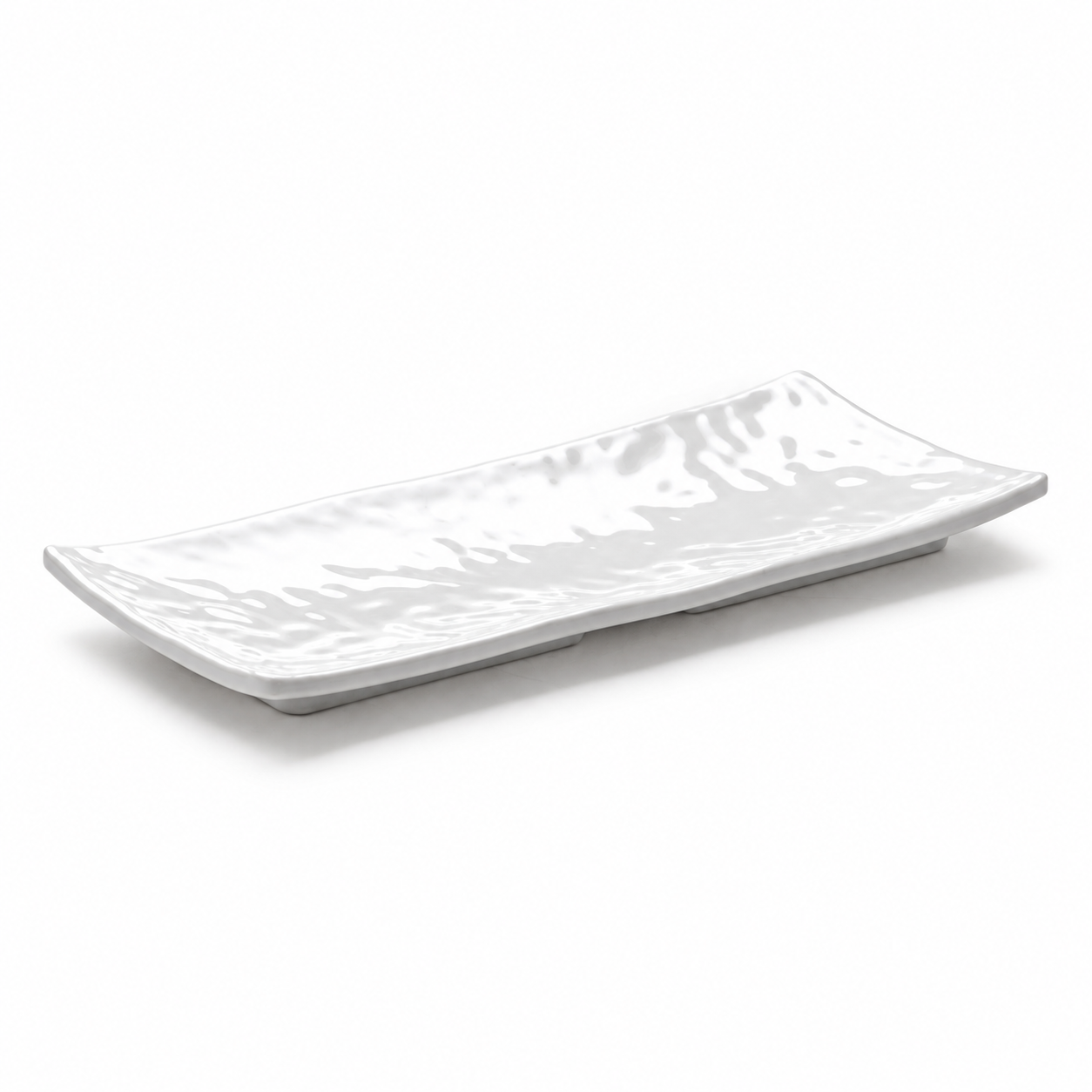 Melamine Rectangular Ripple Plate 10-1/2", Shiny White. Angled product view.