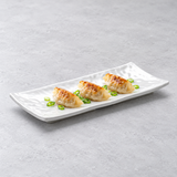 Melamine Rectangular Ripple Plate 10-1/2", Shiny White. Serving suggestion.